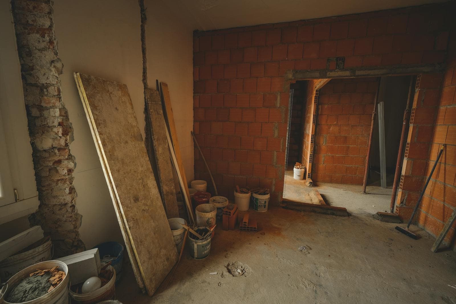 Construction crew on active residential renovation site with tools and materials